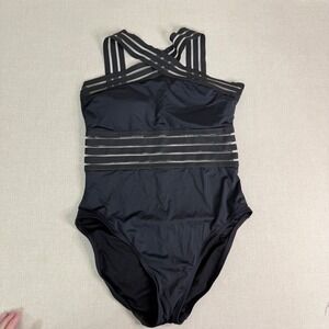 Hilor Womens Mesh Striped One Piece Swimsuit Black Cross Back Size 8-10